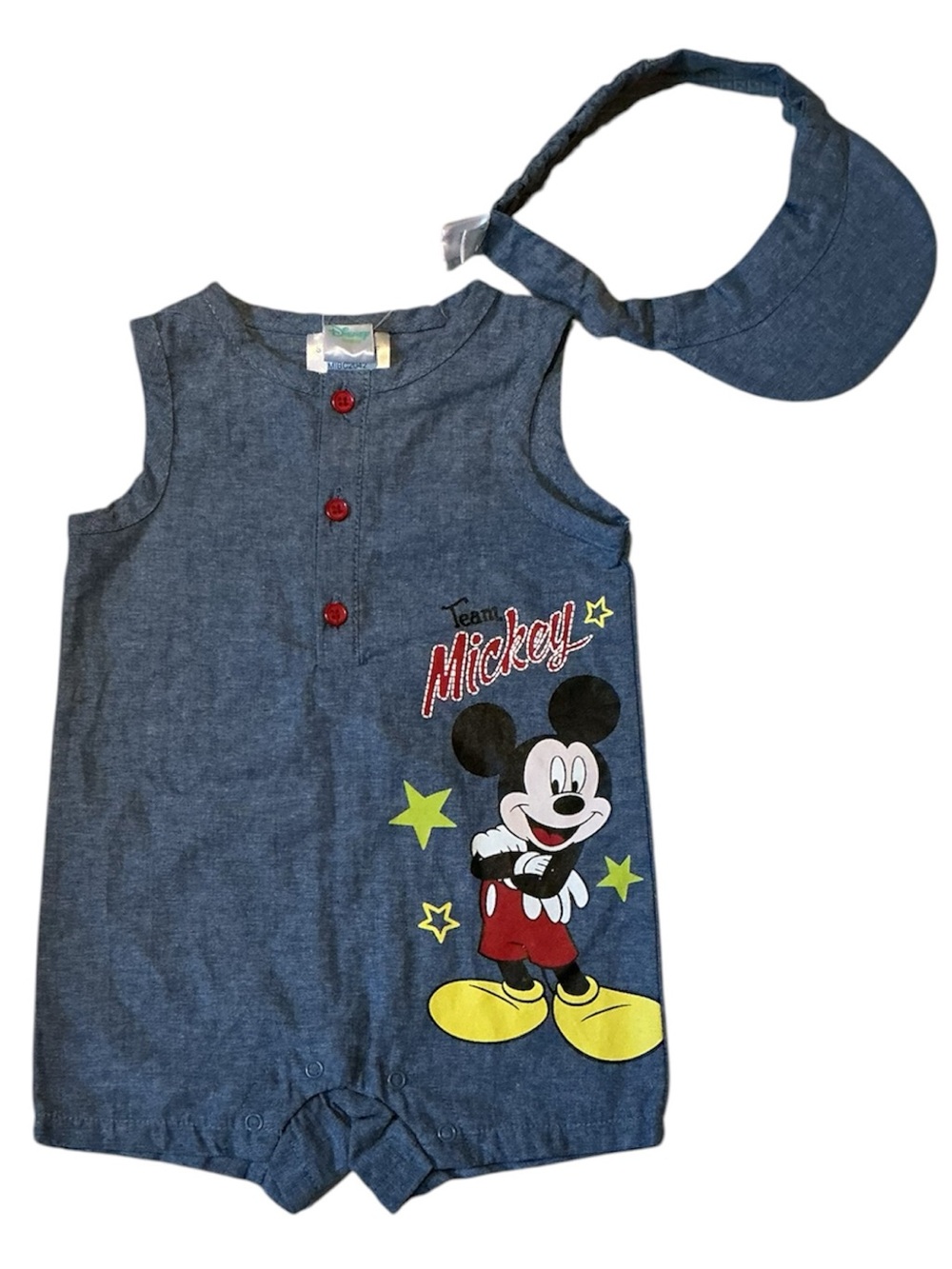 3/$20 NWT Disney Mickey Denim Look Romper with Visor
